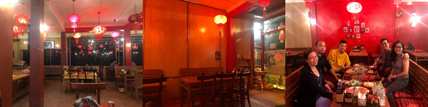 Không gian bên trong thoáng đãng với ánh sáng đèn lồng đỏ ấm áp, gần gũi