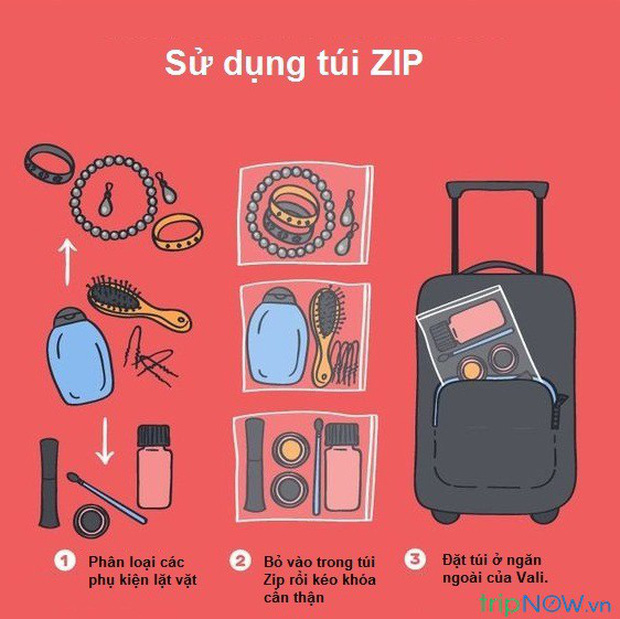 Sử dụng túi zip để phân loại đồ.